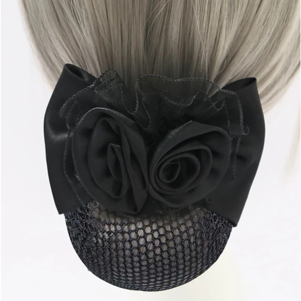 Gothic punk French clip with black roses, Bow and netted bun cover unique new!